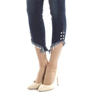 Kancan Blue Ankle Cropped Jeans with Frayed Hem and Pearl Detail